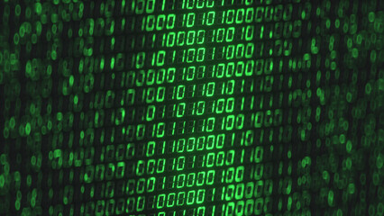 Green digital binary data on a computer screen 3D rendering