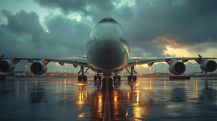 Passenger plane on the airport runway. - obrazy, fototapety, plakaty