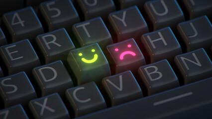 Happy and sad emoticons on the keyboard 3D render - 750768020