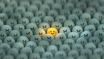 Happy emoticon in the crowd of sad faces 3D render
