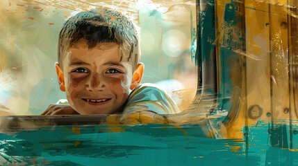 Young Boy Smiling from School Bus Window in Stylized Image - obrazy, fototapety, plakaty