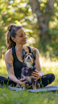 Yoga with pets class in a serene outdoor setting, wellness together