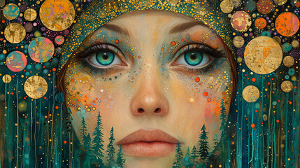 Surreal portrait of a woman with captivating eyes merged with an enchanted forest and celestial elements.