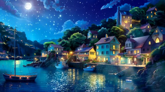 the charm of a quaint coastal village with colorful houses and a peaceful harbor at night. Fantasy landscape anime or cartoon style, looping 4k video animation background