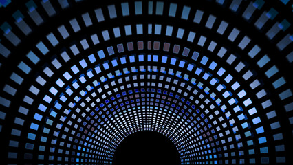 Conceptual illustration, digital blue color tunnel. Place for product. Copy space. Abstract background