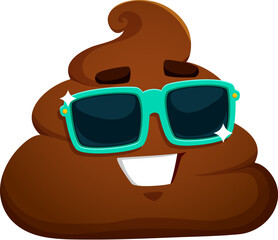 Cartoon poop emoji with sunglasses. Poo, shit or crap vector character, funny toilet excrement emoticon with happy smiling face. Isolated pile of brown poop emoji, cute dirty shit emoticon - 750769019