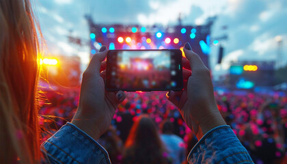 Hand with a smartphone records live music festival and taking photo of concert stage live concert luxury party festival. Blurred effect. colorful light beams neon