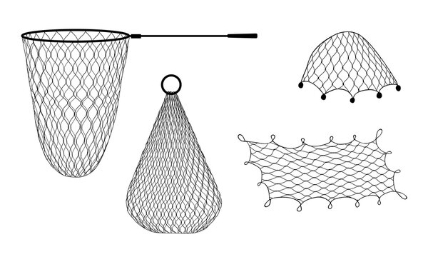 Fishing net and trap, trawl, fish tank and seine, vector fishery and fishing sport equipment. Fisherman rope mesh fishnet and sea water fish traps, hand scoop net and marine ship seine