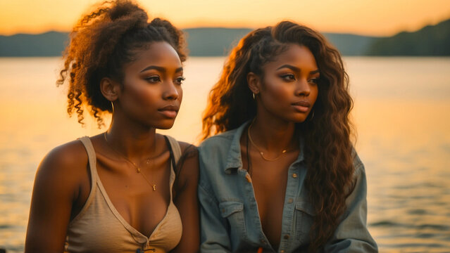 Image of two African American girls enjoying a sunset on the shore of a river.