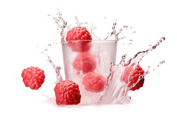 Raspberries Splashing Into Glass of Water. Fresh raspberries dropping and creating ripples as they...