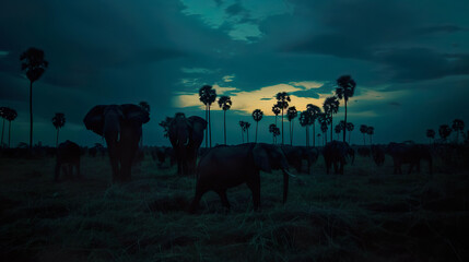 Fototapeta na wymiar Silhouettes of Elephants Under Twilight Sky
