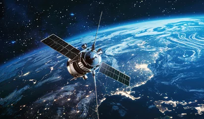 Foto op Plexiglas satellite flies in space against the backdrop of the night earth and stars © Александр Довянский