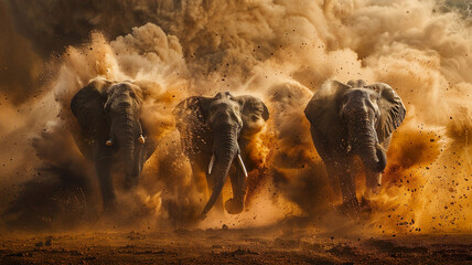 Thunderous Elephant Herd in Dusty Charge - obrazy, fototapety, plakaty