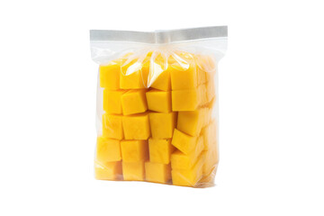 Bag of Cheese Cubes. A bag filled with neatly cut cheese cubes is placed on a clean white background. The cubes are uniform in shape and size, creating a visually appealing display of dairy goodness.