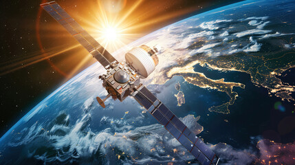 satellite flies in space against the backdrop of the earth in the rays of sunlight - obrazy, fototapety, plakaty