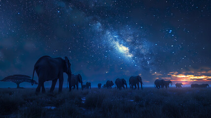 Elephants under the Milky Way on the Savannah