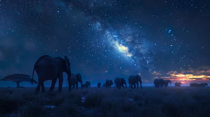 Poster Elephants under the Milky Way on the Savannah © Pornphan
