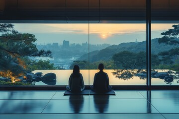 two woman and man meditate at swimming pool side with cityscape view, wellness living leisure theme, Generative Ai - obrazy, fototapety, plakaty