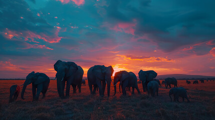 Fototapeta na wymiar Elephant Herd at Sunset on African Plains