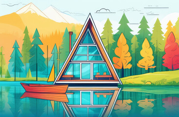 illustration of a small wooden triangular house on the shore of a lake against the backdrop of a summer forest, a boat next to the house