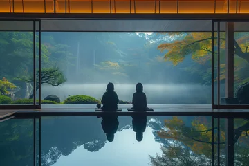 Foto op Plexiglas two woman and man meditate at swimming pool side with nature landscape, wellness living leisure theme, Generative Ai © QuietWord