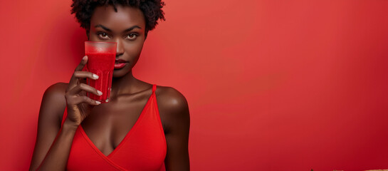 Dark skinned woman holding red smoothie or other red vegetable smoothie wearing red. Concept of healthy eating and healthy food. Banner whit copy space in red background - obrazy, fototapety, plakaty