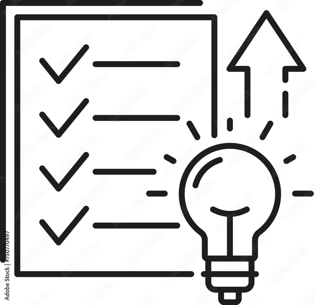 Poster Recommendations. Web audit icon. Web content report, SEO survey control or marketing campaign traffic analysis linear vector symbol, website data research line pictogram with idea lamp bulb, checklist