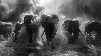 Elephant Herd Majestically Crossing Waters in Black and White