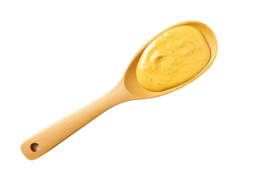Wooden Spoon With Yellow Liquid. A wooden spoon filled with a vibrant yellow liquid, resting on a table surface. The liquid appears to be glossy and viscous, filling the spoon to the brim.