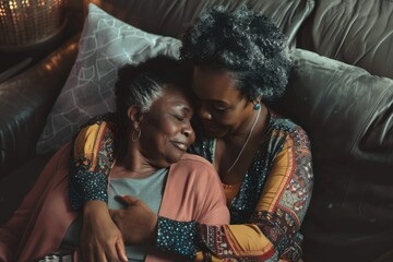 Generations of love: Senior African American woman with adult daughter sharing a tender moment at home - A testament to enduring family bonds - AI generated