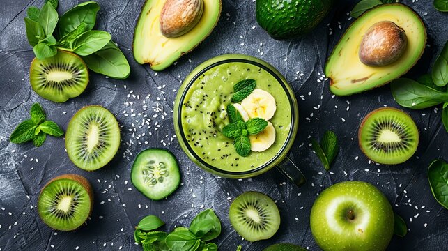 Healthy fresh avocado, kiwi, banana and cucumber green smoothie with assorted ingredients. Superfood detox and diet concept. Top view, flat lay