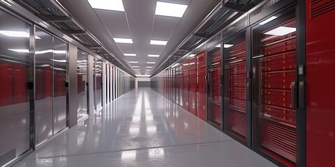 Long hallway in data center with red doors on each side of the room