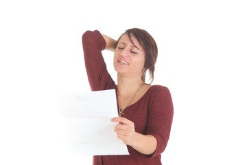 Frau mit Brief, verärgert, lachend, freudig, traurig