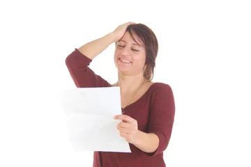 Fotobehang Frau mit Brief, verärgert, lachend, freudig, traurig © Sven Vietense