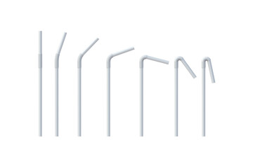 Set of different curved plastic drinking straw isolated on white background. Flexible tube for beverage. Disposable pipe for cocktail. 3d render
