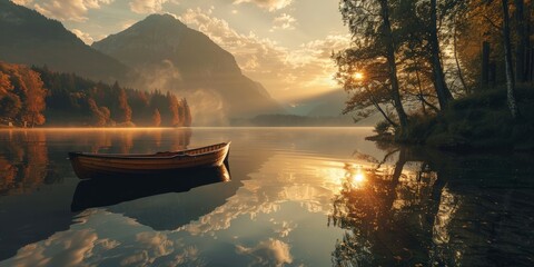 A boat calmly floats on the peaceful waters of a tranquil lake, surrounded by a lush forest on a sunny day. - obrazy, fototapety, plakaty