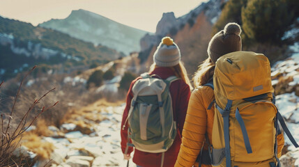 Two women are walking on a snowy mountain trail, each carrying a backpack. The scene is peaceful and serene, with the mountains in the background and the snow-covered ground beneath their feet