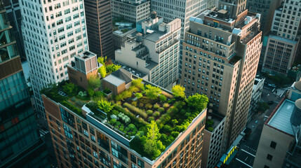 A cityscape with a rooftop garden on top of a building. The garden is filled with trees and plants,...