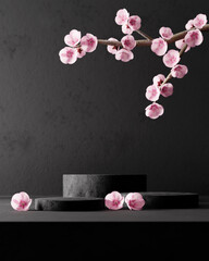 Black marble product podium with cherry blossom flowers on dark concrete background wall - 750772215
