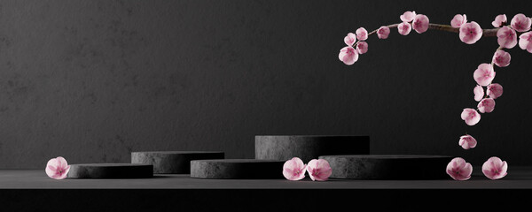 Black marble product podium with cherry blossom flowers on dark concrete background wall - obrazy, fototapety, plakaty