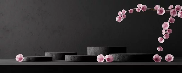 Fotobehang Black marble product podium with cherry blossom flowers on dark concrete background wall © hitdelight
