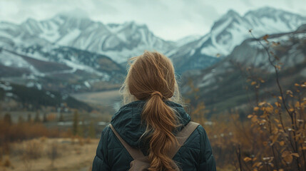A woman with long blonde hair is standing in a field of trees and mountains. She is wearing a blue jacket and a backpack. The scene is peaceful and serene, with the mountains in the background - obrazy, fototapety, plakaty