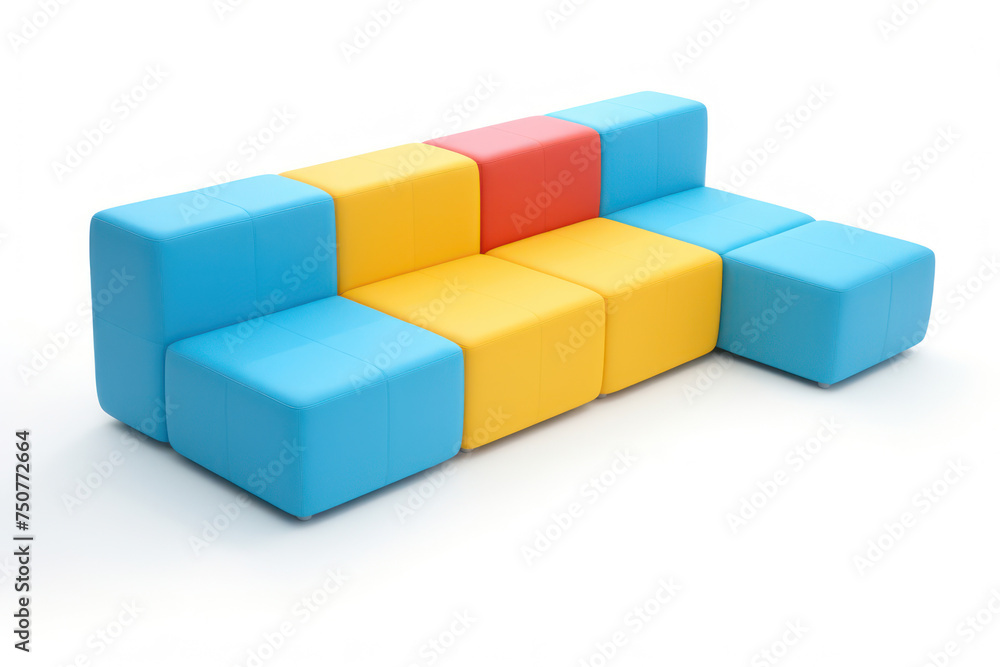 Poster abstract geometric playground: brightly colored cubes in playful composition on white background