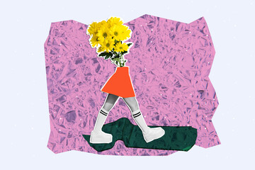 Collage photo of headless absurd ukrainian lady in skirt yellow bouquet daisy flowers strolling...