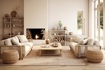 A welcoming Scandinavian-inspired living room featuring warm beige accents, cozy seating arrangements, and natural wood finishes.