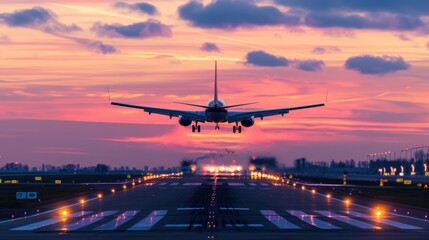 Air transportation concept,Jet airplane silhouette landing  during sunset. 