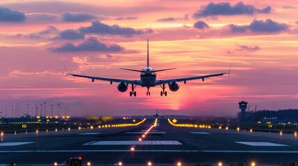 Fototapeta na wymiar Air transportation concept,Jet airplane silhouette landing during sunset. 