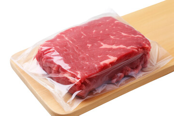 Piece of Meat Wrapped in Plastic on Cutting Board. A piece of raw meat is wrapped in clear plastic and placed on a wooden cutting board. The meat appears fresh and ready to be prepared for cooking.