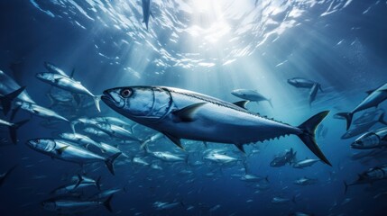 Obraz premium Sea creatures concept, mackerel ,Fish flock in dark ocean water