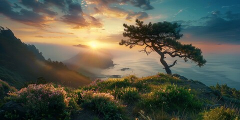 A tree is situated on a hill, standing tall amidst the sloping landscape. Its roots anchor firmly into the soil as it overlooks the surrounding terrain.